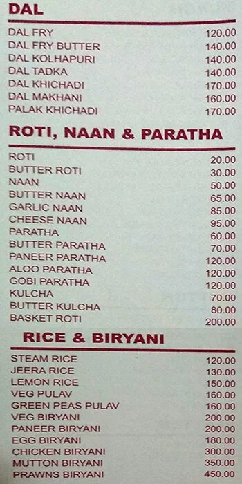 Radhika AC Garden Resto menu 