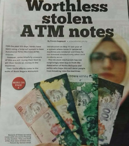 Dakwat pada duit rompakan mesin ATM