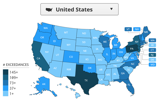 Map showing U.S. states that have lead levels that exceed EPA limits. Graphic: USA TODAY