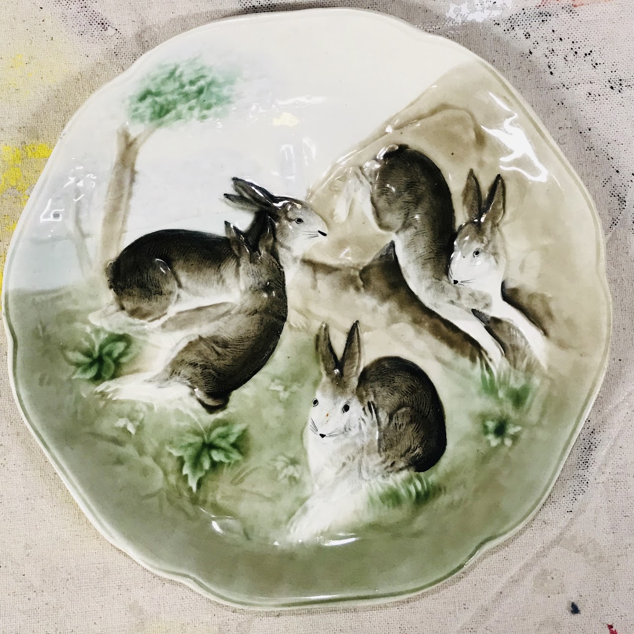 French Majolica Higgins & Seiter Rabbit Plate Pair