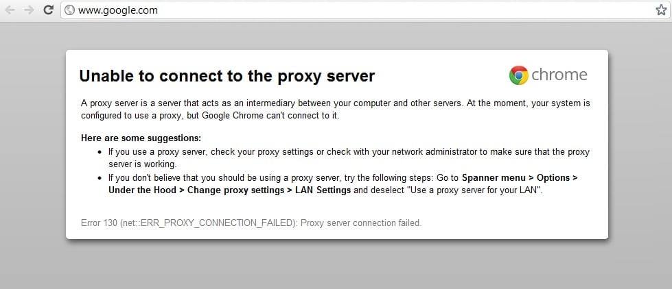 Correzione dell'impossibilità di connettersi al codice di errore del server proxy 130