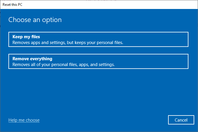 Maintenant, choisissez une option dans la fenêtre Réinitialiser ce PC.  Correction : erreur DISM 87 dans Windows 10