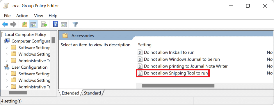 Chính sách công cụ cắt trong Local Group Editor.  Cách tắt công cụ Snipping Tool trong Windows 11