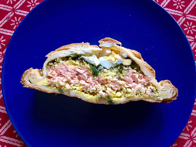 Salmon Coulibiac with quark butter pastry and layers of salmon, rice, egg and dill