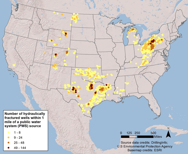 The location of public water system sources having hydraulically fractured wells within 1 mile. Points indicate the location of public water system (PWS) sources; point color indicates the number of hydraulically fractured wells within 1 mile of each PWS source. Graphic: EPA