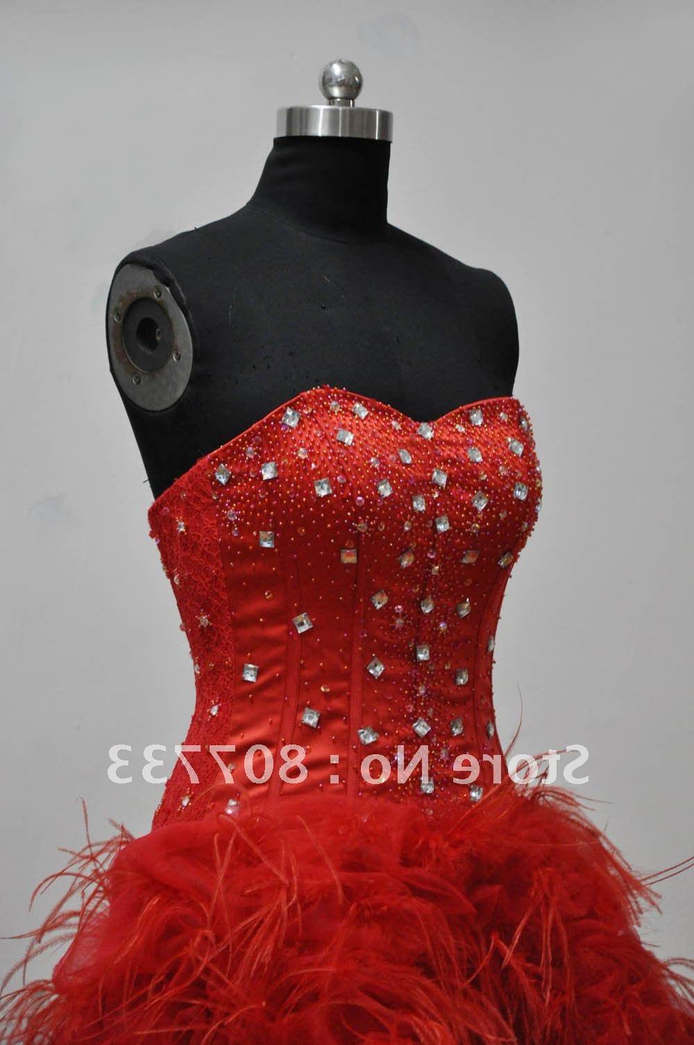 beaded sweetheart red feather front short and long back wedding dress