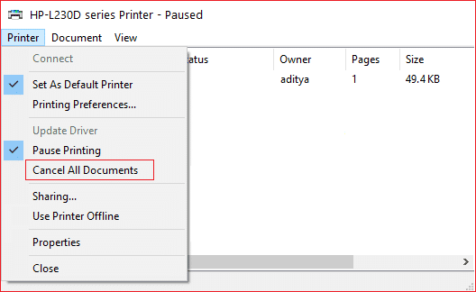 Cliquez sur Imprimante dans le menu et sélectionnez annuler tous les documents |  Annuler ou supprimer un travail d'impression bloqué