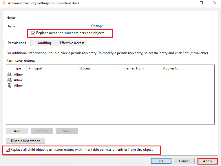 Haga clic en Aplicar para guardar estos cambios y cerrar la ventana |  Reparar Error al enumerar objetos en el error del contenedor en Windows 10