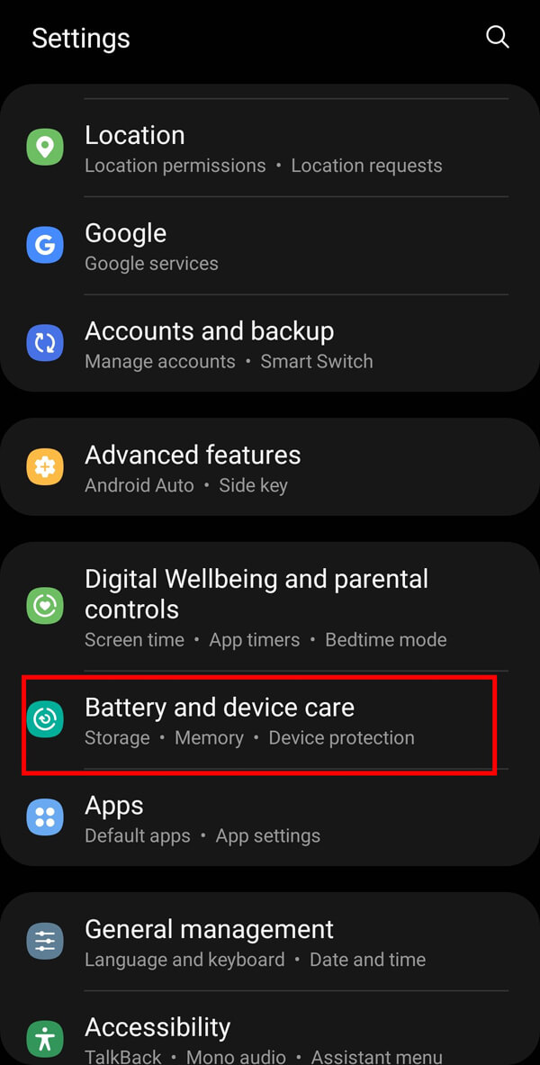 Ora devi cercare Battery and Device Care dalle opzioni fornite.