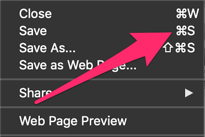 Command + S gemarkeerd in het menu Bestand