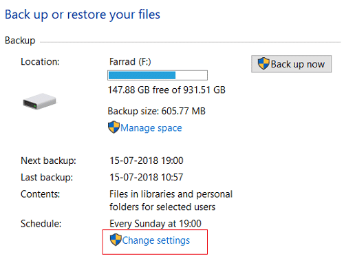 ภายใต้หน้าต่าง Backup and Restore (Windows 7) ให้คลิกที่ Change settings ภายใต้ Schedule