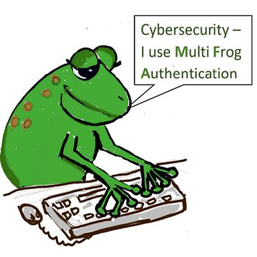 cartoon picture of a green frog typoing , there is a speech bubble where the forg says it uses multi frog authenitcaiton ot keep its accouunts secure