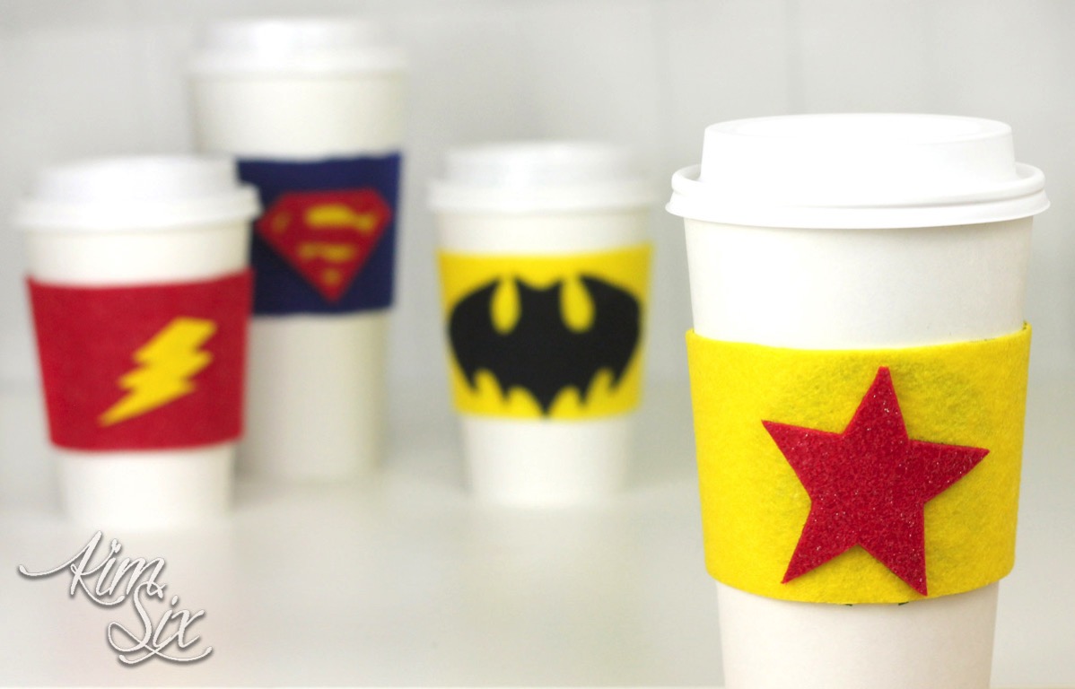 A kid friendly craft idea that doesn't require a sewing machine. Your favorite heroes including batman, superman, wonder woman, and the flash.  Felt and glue is all it takes.  Plus she includes free templates for the logos.  SO EASY!  A great gift idea to make with kids.  No Sew Felt Superhero Cup Cuffs via TheKimSixFix.com