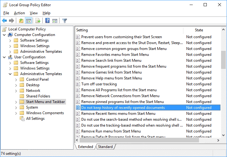อย่าเก็บประวัตินโยบายเอกสารที่เปิดล่าสุดใน Gpedit |  ปิดรายการล่าสุดและสถานที่ที่ใช้บ่อยใน Windows 10
