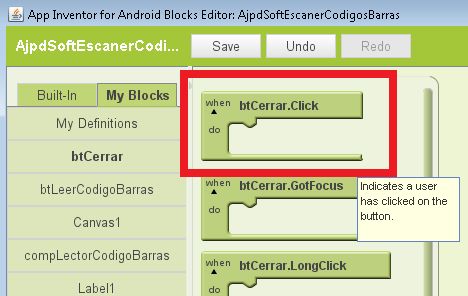 Editor de Bloques de la aplicación AjpdSoft Lector Códigos de Barras Android en Google App Inventor