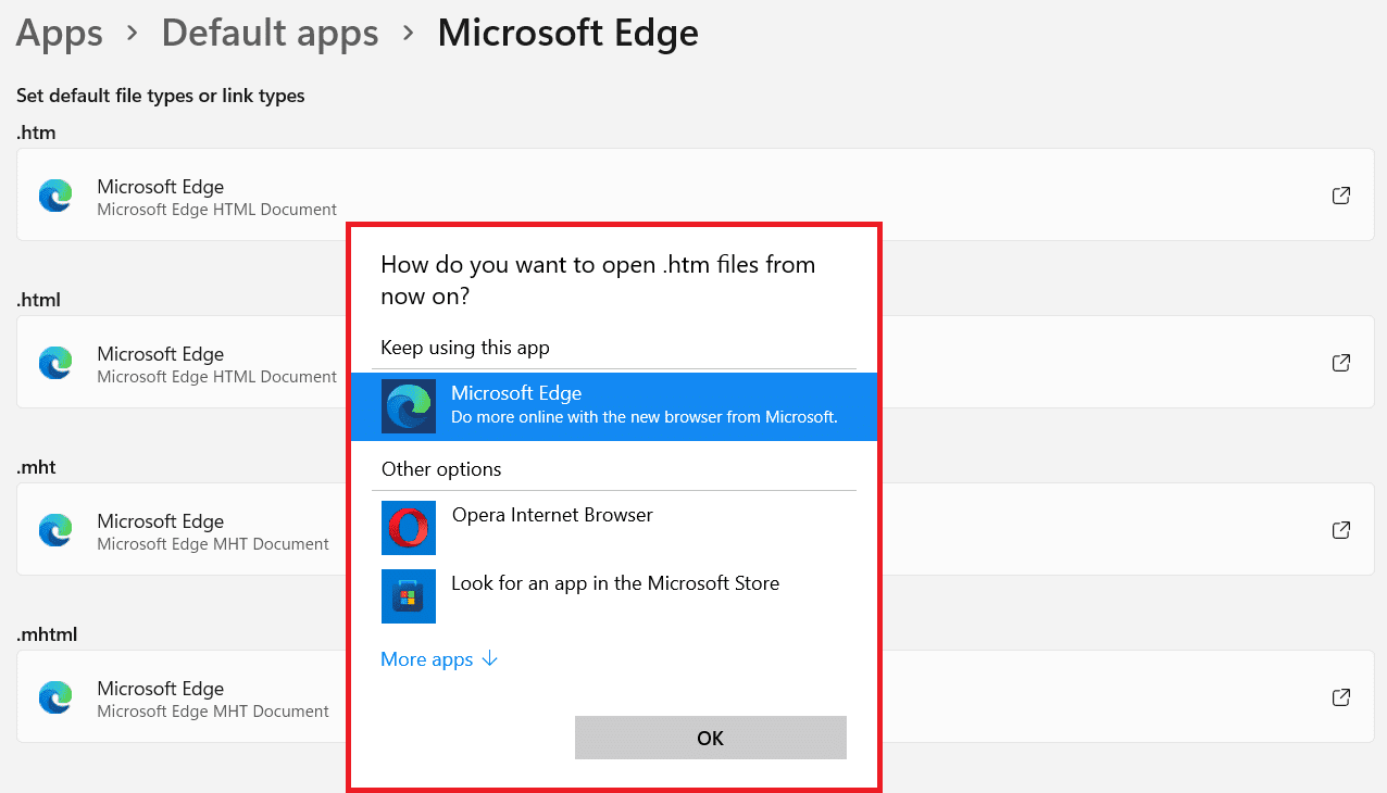 기본 앱 변경.  Windows 11에서 Microsoft Edge를 완전히 비활성화하는 방법