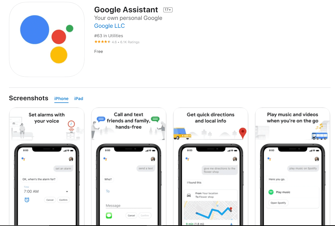 Stránka Apple Store aplikace Google Assistant pro iOS