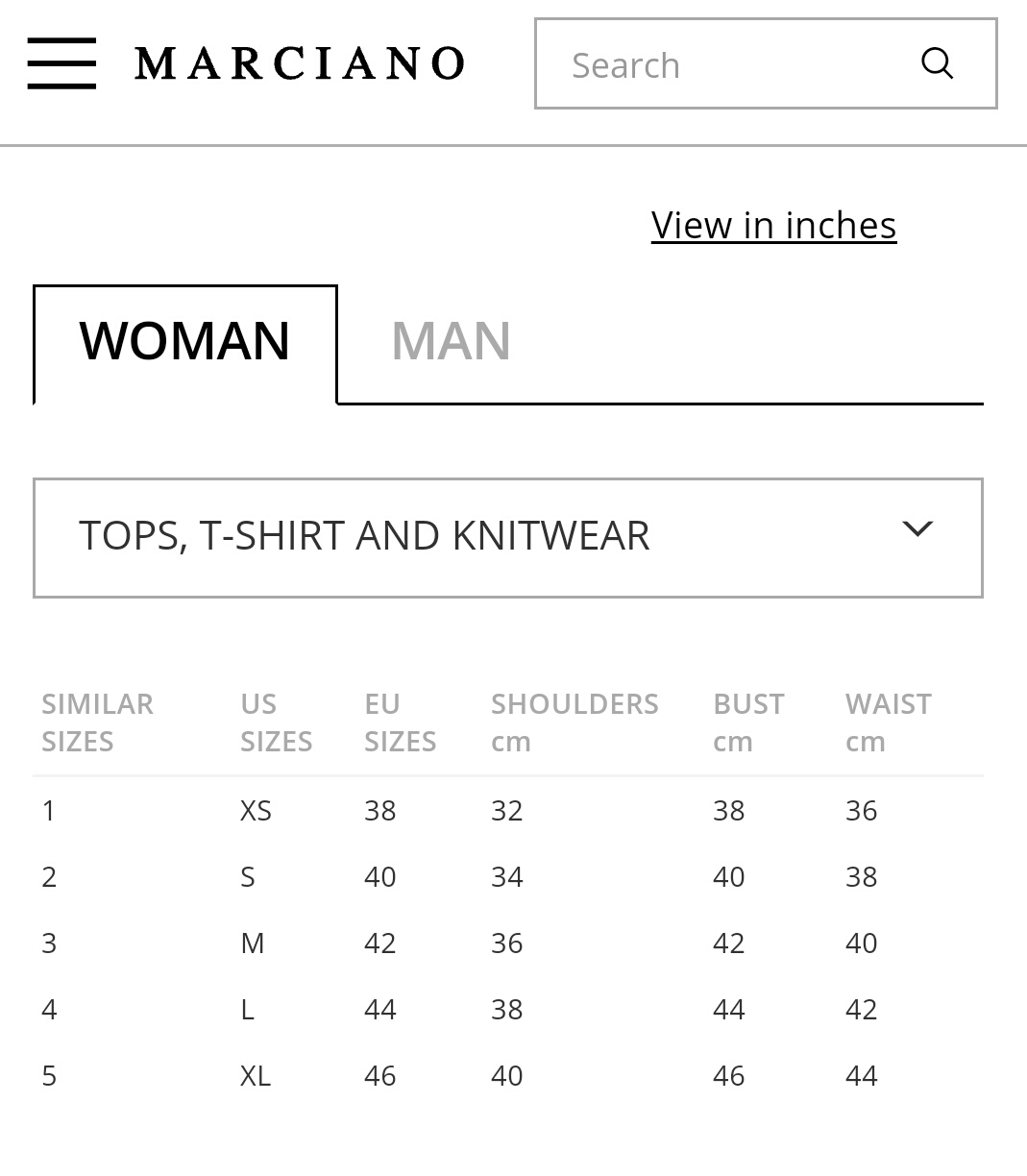 Gostan Sikit: Marciano - women's clothing size chart