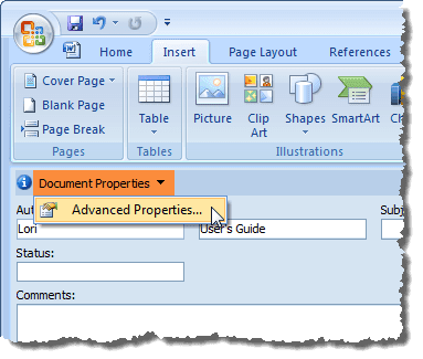 Selezione delle proprietà avanzate in Word 2007