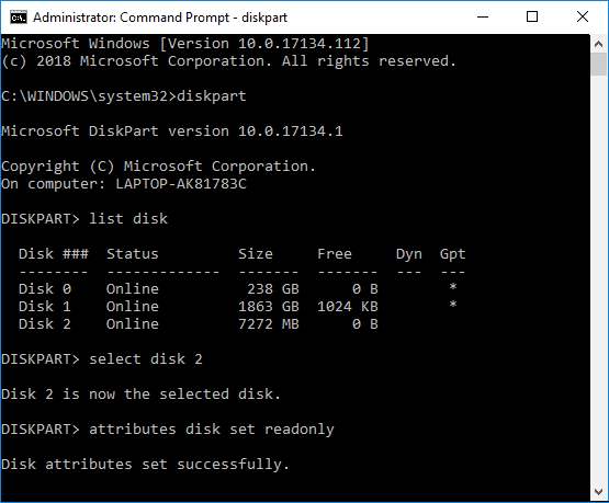 Activer la protection en écriture pour l'ensemble de disques d'attributs de disque en lecture seule