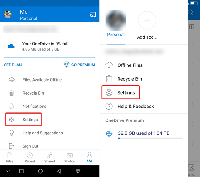 Mở Cài đặt trong OneDrive cho Android hoặc iOS