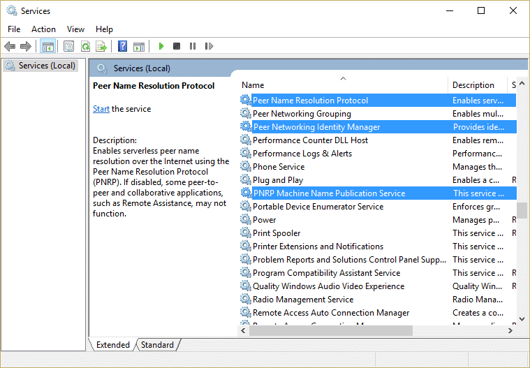 Peer Name Resolution Protocol, Peer Network Identity Manager & PNRP MAchine Name Publicatieservices zijn actief