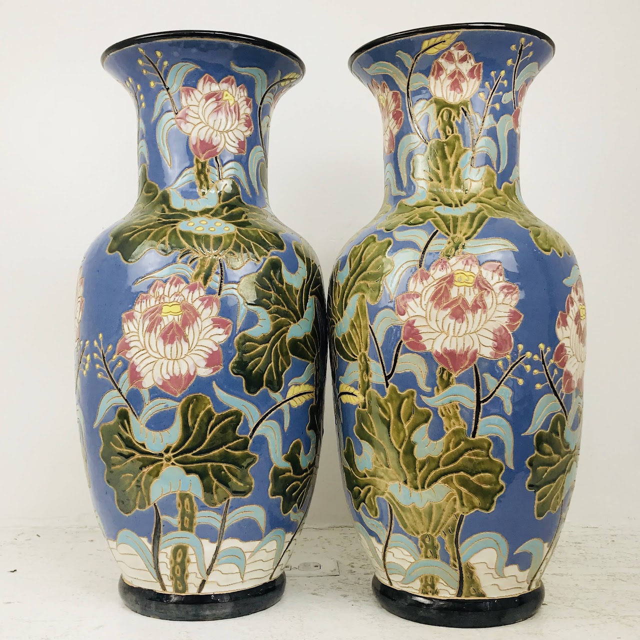 Floral Ceramic Floor Vase Pair