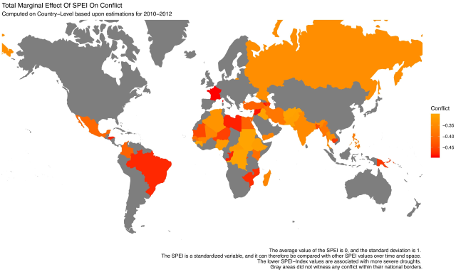 Total marginal effect of Standardised Precipitation-Evapotranspiration Index (SPEI) on conflict for the 2010–2012 period. Graphic: Abel, et al., 2019 / Global Environmental Change