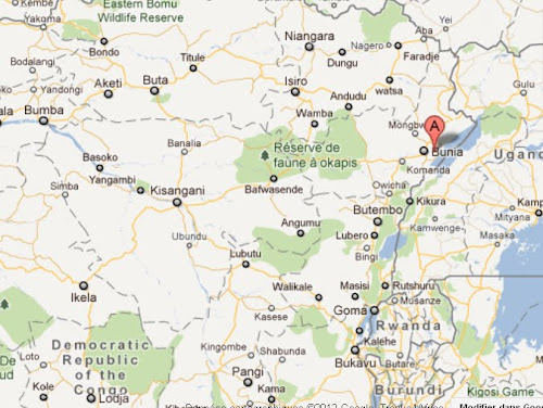 Le point rouge (A), la localité de Marabo, à 45 kilomètres de la ville de Bunia (Province Orientale/RDc), lcoalisée sur Google Map.
