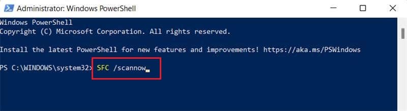 typ systeembestandsscan, sfc scan-opdracht in Windows Powershell of Windows-terminal Windows 11. hoe Windows 11 te repareren met SFC en DISM