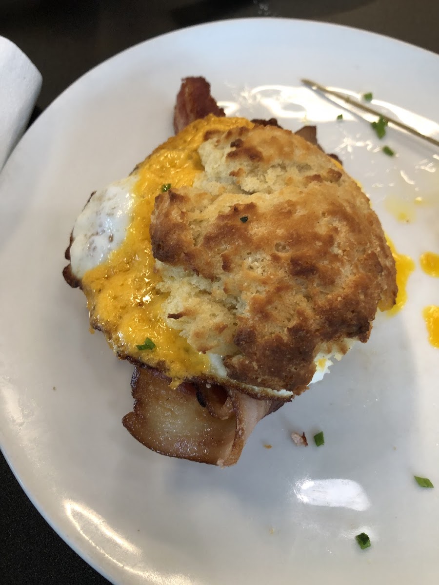 Gluten free bacon, egg, cheese biscuit