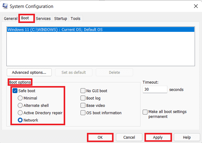 Option d'onglet de démarrage dans la fenêtre de configuration du système