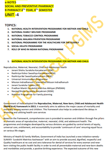 Unit-4 Social and Preventive Pharmacy Notes 8th Semester B.Pharmacy Lecture Notes,BP802T Social and Preventive Pharmacy,BPharmacy,Handwritten Notes,BPharm 8th Semester,Important Exam Notes,