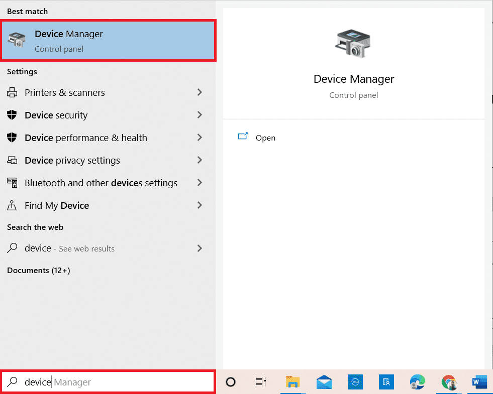 Wpisz Menedżera urządzeń w menu wyszukiwania systemu Windows 10 i otwórz go