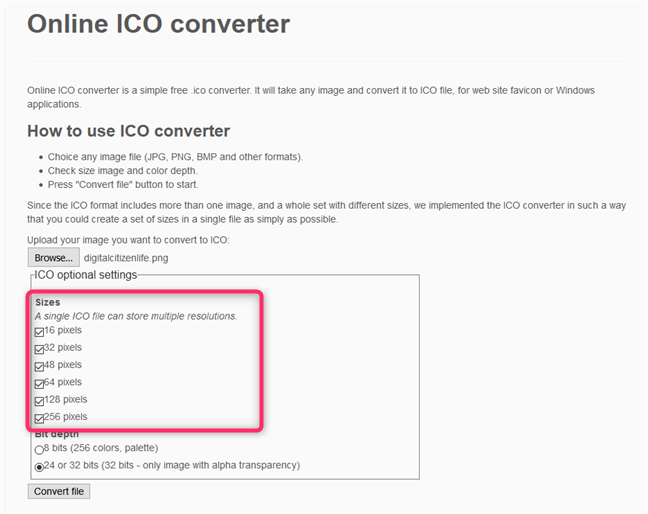 Convertitore ICO online - Scelta delle risoluzioni utilizzate per il file ICO