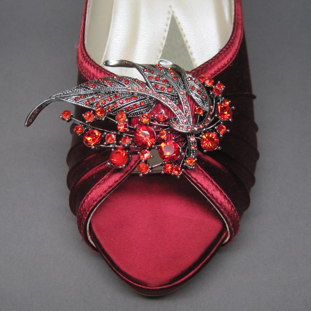 Scarlet Red Wedding Shoes -- Satin Peeptoes with Matching Red Rhinestone