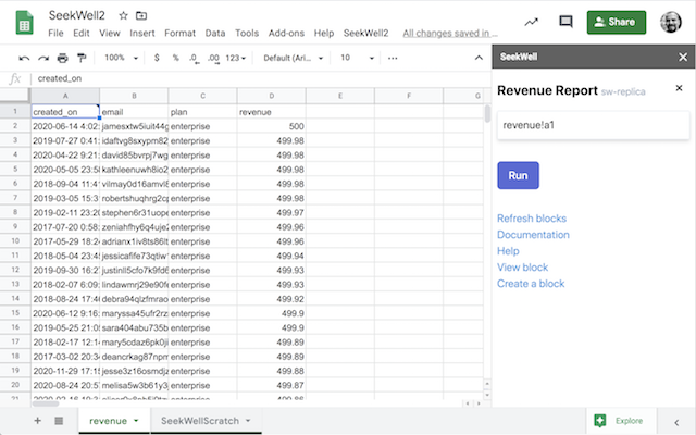 Screenshot of SeekWell: Postgres, MySQL, Snowflake, MS SQL, SQL