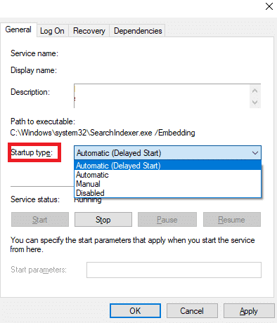 Stel nu het Opstarttype in op Automatisch, zoals hieronder weergegeven.  Als de servicestatus niet actief is, klikt u op de knop Start.  Fix foutcode 0x80070490 in Windows 10