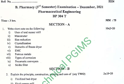 BMU BP304T Pharmaceutical Engineering 3rd Semester B.Pharmacy Previous Year's Question Paper,BP304T Pharmaceutical Engineering,BPharmacy,Previous Year's Question Papers,BPharm 3rd Semester,