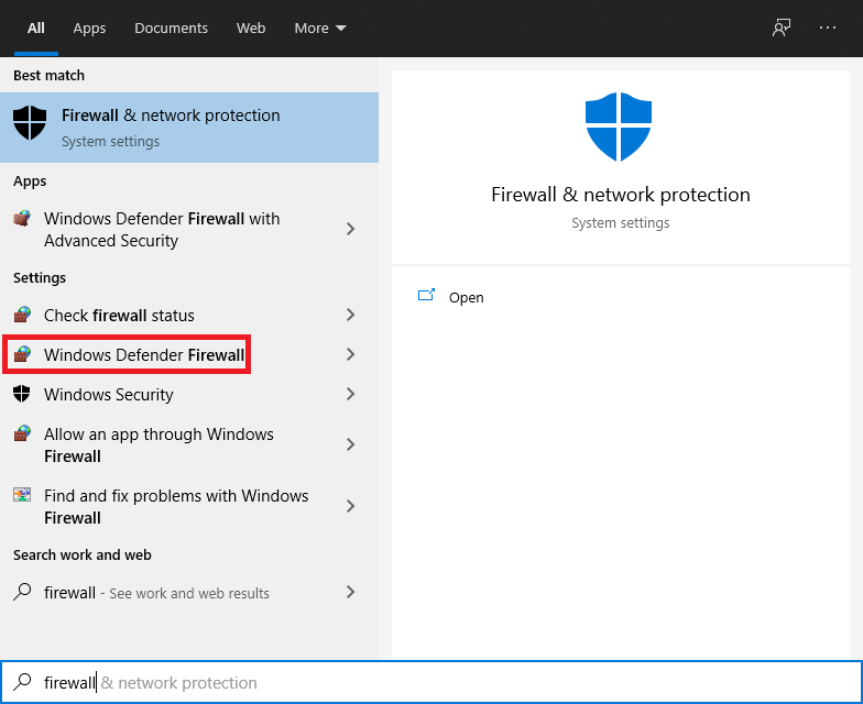 Otevřete bránu firewall programu Windows Defender v ovládacím panelu