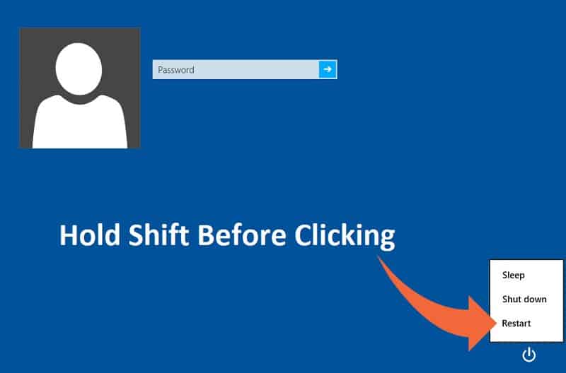 nhấp vào nút Nguồn sau đó giữ Shift và nhấp vào Khởi động lại (trong khi giữ nút shift).