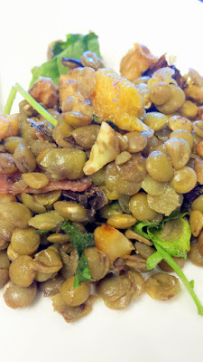 Vegetarian lentil salad with roasted orange and radicchio, toasted nuts and mint and arugula