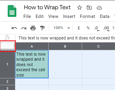 Om de volledige inhoud van uw spreadsheet in te pakken, drukt u op Ctrl + A