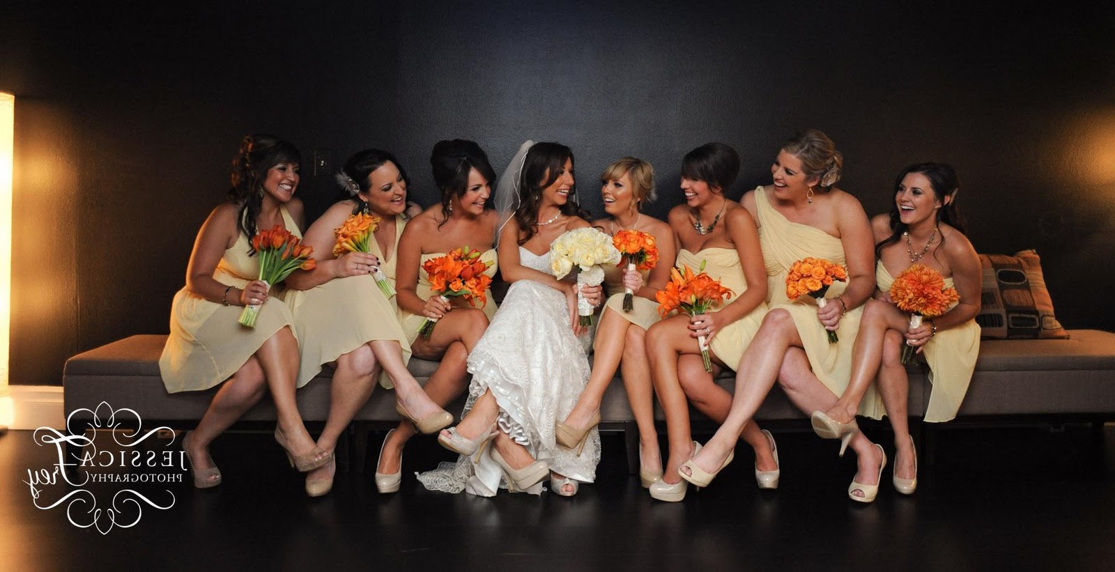 Long Yellow bridesmaid dresses with pink, orange, yellow bouquet and grey