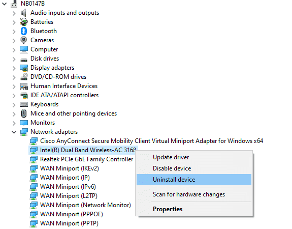 Ahora, haga clic con el botón derecho en el controlador y seleccione Desinstalar dispositivo | Reparar el código de error MHW 50382-MW1