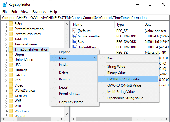 Kliknij prawym przyciskiem myszy TimeZoneInformation i wybierz Nowy, a następnie DWORD (32-bit) Wartość