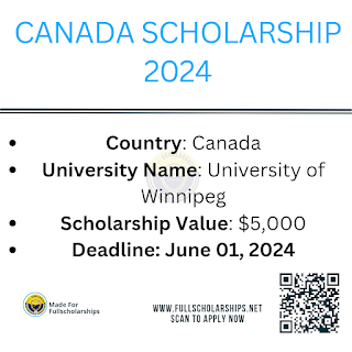 Study free in Canada - University of Winnipeg President’s Scholarship 2024-2025 for Bachelors, Masters and PhD The Canadian University of Winnipeg President's Scholarship 2024 is seeking applications from international students pursuing graduate degrees. The University of Winnipeg is a public university based in Winnipeg, Manitoba, Canada. Many universities in Canada and government-funded scholarships are available, and we have established BS MS PhD Scholarships in Canada for 2024. The President's Scholarship is for newly admitted students. In 2024, the Canadian government also announced a reduction in the number of Study Visas.  This means that just 364,000 study permits will be issued for the fiscal year 2024-25. You can read "New Rules for International Students to Study in Canada." The University of Winnipeg is noted for its affordability, with one of Canada's third lowest tuition prices. The Graduate Faculty offers graduate professional and research programs in Arts, Science, and Environmental Studies. More information about the University of Winnipeg President Scholarship 2024 is provided below.  Study Areas: Art Development of Economics Criminal Justice Applied Computer Science Society Bioscience Technology Public Policy Development Innovation and Operations Marriage and Family Therapy Arts Spiritual Disciplines& Ministry Practices M.A Sacred Theology S.T.M. History Public Administration Religious Studies Peace and Conflict Studies Eligibility criteria: The following requirements are established for the President's Scholarship: The candidate must have at least an 80% entrance average or comparable. Open to international students. The grant is intended for students who are new to the university. Excellent leadership qualities. Submit a comprehensive application by the deadline. Required Documents  A complete application form. One personal statement (250-500 words) A Curriculum Vitae Two references who can speak about your extracurricular/volunteer activities. visit here to apply