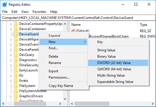 Klik met de rechtermuisknop op DeviceGuard en selecteer vervolgens Nieuwe DWORD (32-bit) waarde