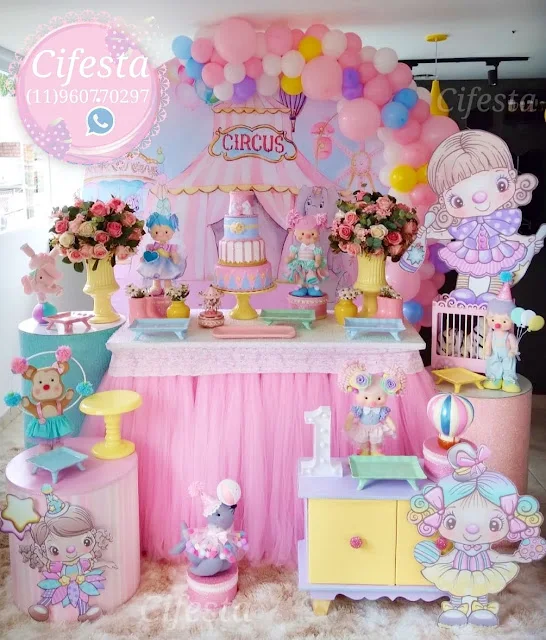 Aluguel de decoração para festa infantil, Cenário personalizado com o tema Circo Rosa, decoração e ornamentação Cifesta Decoração.