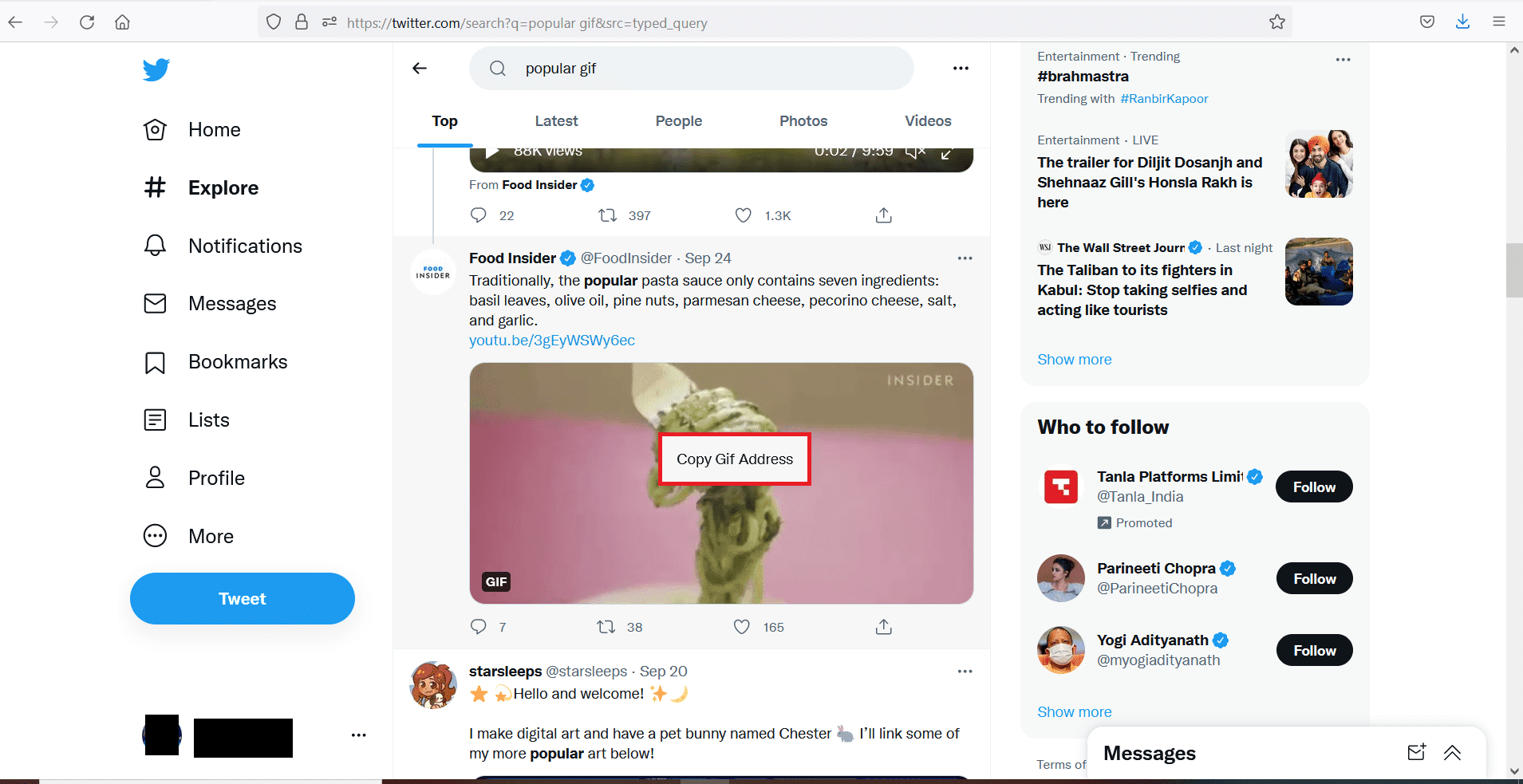 In Twitter, fai clic con il pulsante destro del mouse sulla GIF che ti piace.  Ora seleziona Copia indirizzo GIF.